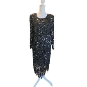 VINTAGE 80s Swee Lo Cocktail Dress Sequin 100% Silk Long Sleeve black sz 8